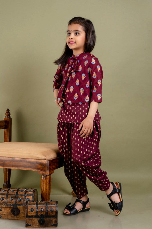 Maroon Coloured Premium Rayon with Beautiful Print Sleeveless Girls Kids Designer Party wear Kurti with Dhoti & Jacket!!