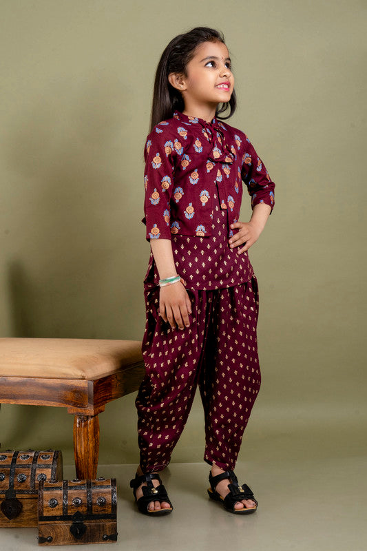 Maroon Coloured Premium Rayon with Beautiful Print Sleeveless Girls Kids Designer Party wear Kurti with Dhoti & Jacket!!