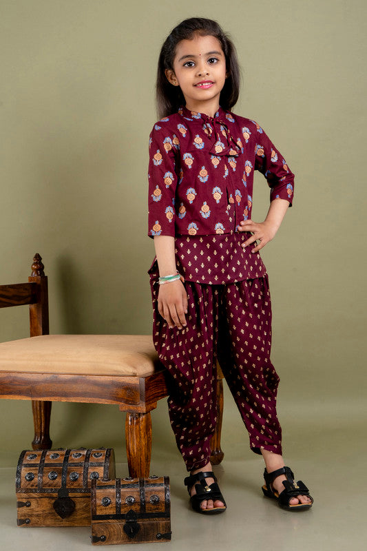 Maroon Coloured Premium Rayon with Beautiful Print Sleeveless Girls Kids Designer Party wear Kurti with Dhoti & Jacket!!