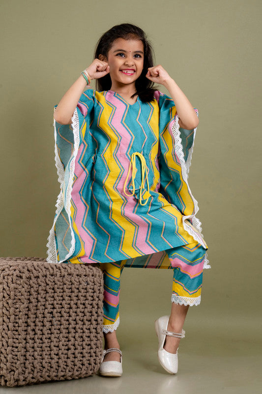 Multi Coloured Pure Cotton with Beautiful Print Regular sleeves Girls Kids Designer Party wear Kaftan with Pant!!