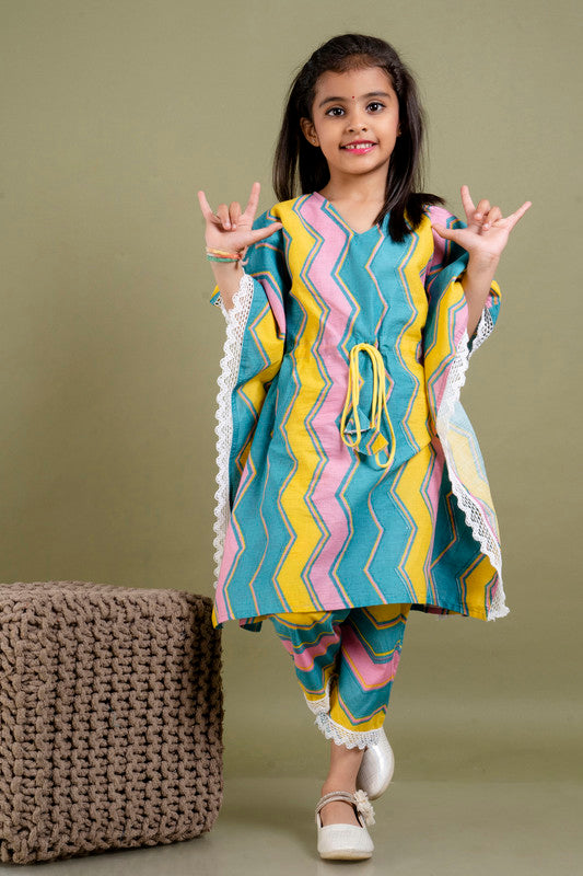 Multi Coloured Pure Cotton with Beautiful Print Regular sleeves Girls Kids Designer Party wear Kaftan with Pant!!