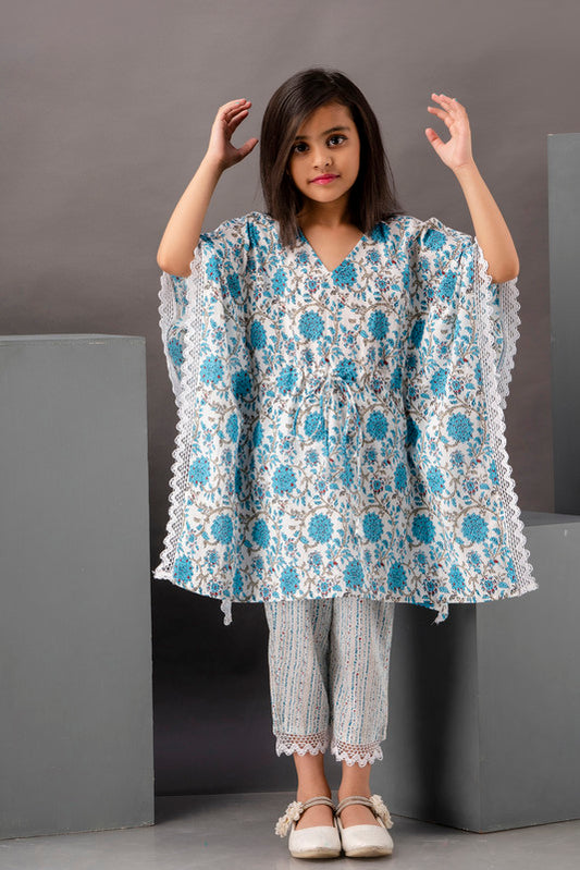 Blue & White Coloured Pure Cotton with Beautiful Printed Girls Kids Designer Party/Daily wear Kaftan with Pant!!