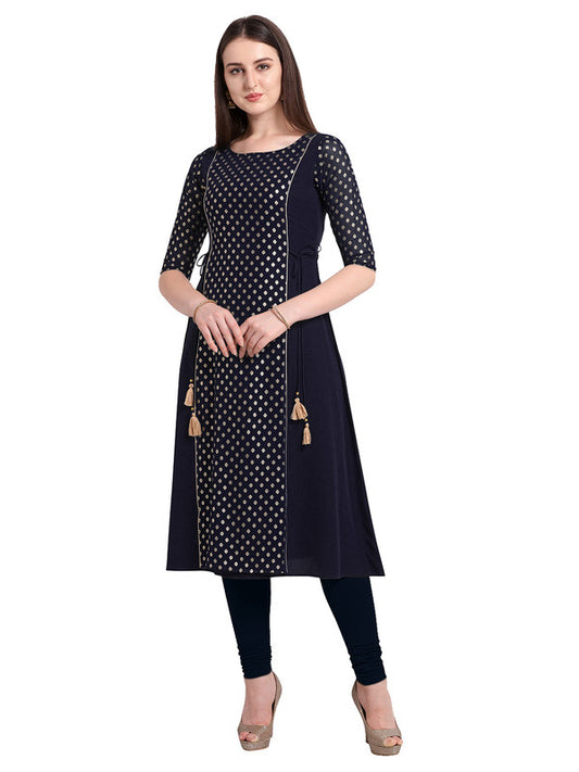 Blue Coloured Designer A Line Mid Calf Kurti with Foil Print!!