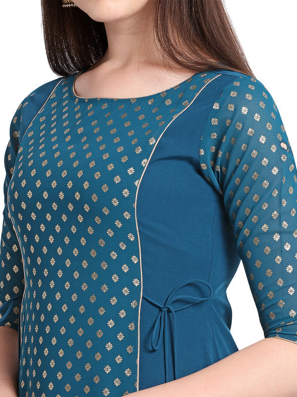 Blue Coloured Designer A Line Mid Calf Kurti with Foil Print!!