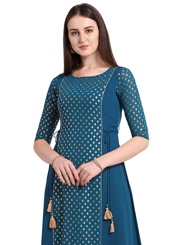 Blue Coloured Designer A Line Mid Calf Kurti with Foil Print!!