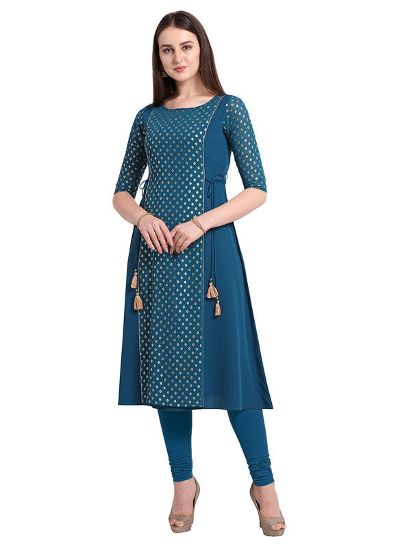 Blue Coloured Designer A Line Mid Calf Kurti with Foil Print!!