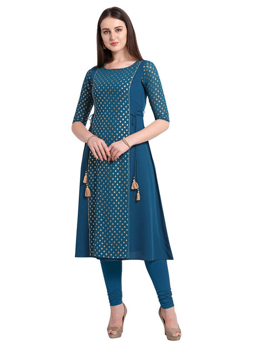 Blue Coloured Designer A Line Mid Calf Kurti with Foil Print!!