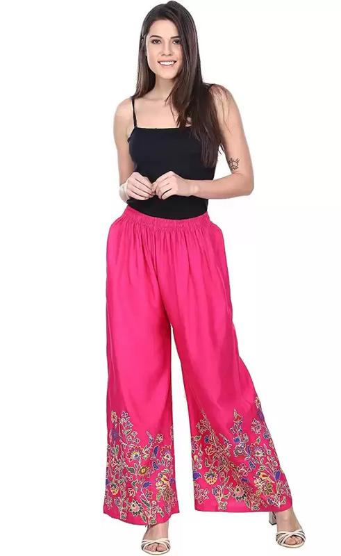 Magenta Rayon Straight Printed Palazzo Free Size( 28 to 40 Inch)!!