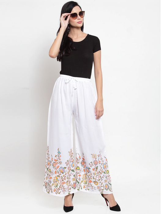 White Rayon Straight Printed Palazzo Free Size( 28 to 40 Inch)!!