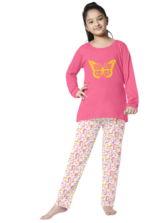 Girls Full Sleeves 100% Cotton T-shirt and Bottom Comfort wear Animal Print - Pink & White!!