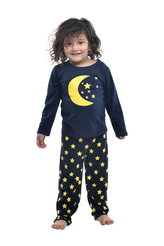 Unisex Kidswear Full Sleeves 100% Cotton T-shirt and Bottom Comfort wear Moon & Star Print - Navy Blue!!