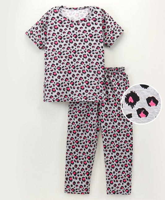 Girls Half Sleeves 100% Cotton Cheetah Print Comfort wear Set - Multicolor!!