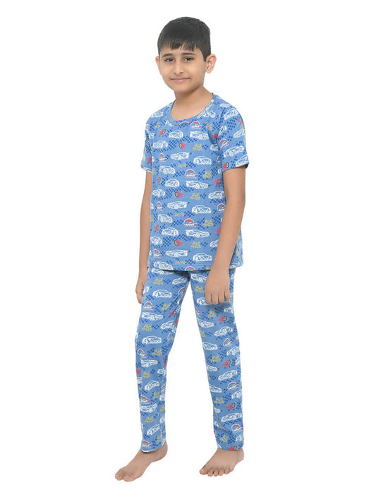 Boys Half Sleeves 100% Cotton Racing Cars Print Comfort wear Set - Blue!!