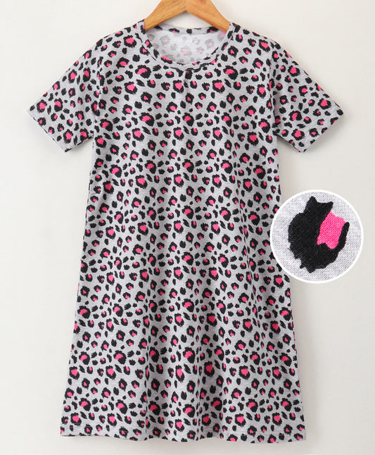 Girls Half Sleeves 100% Cotton Cheetah Print Nightdress -  Multicolor!!