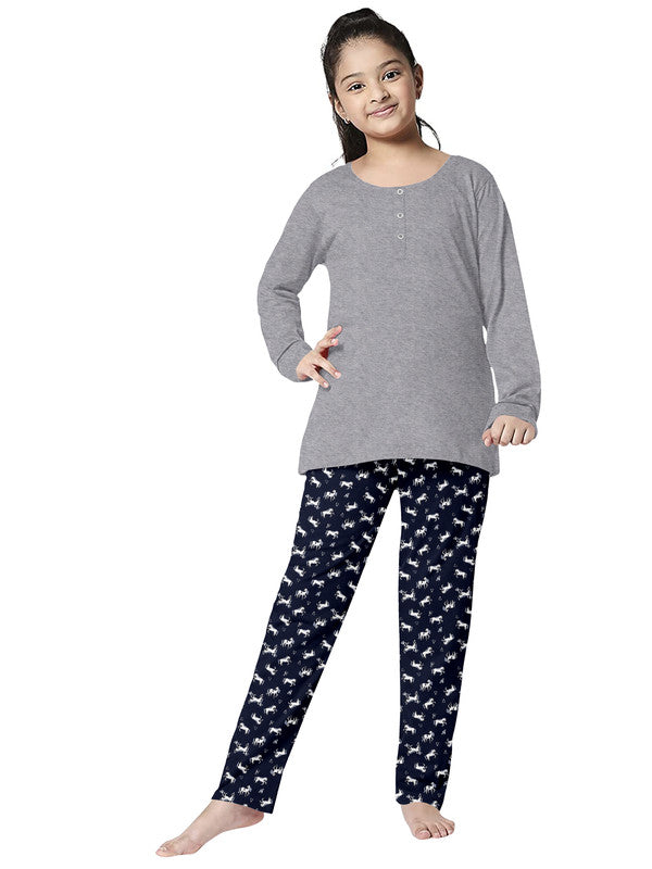 Girls Henley Full Sleeves 100% Cotton T-shirt and Bottom Comfort wear  -  Navy Blue & Grey!!