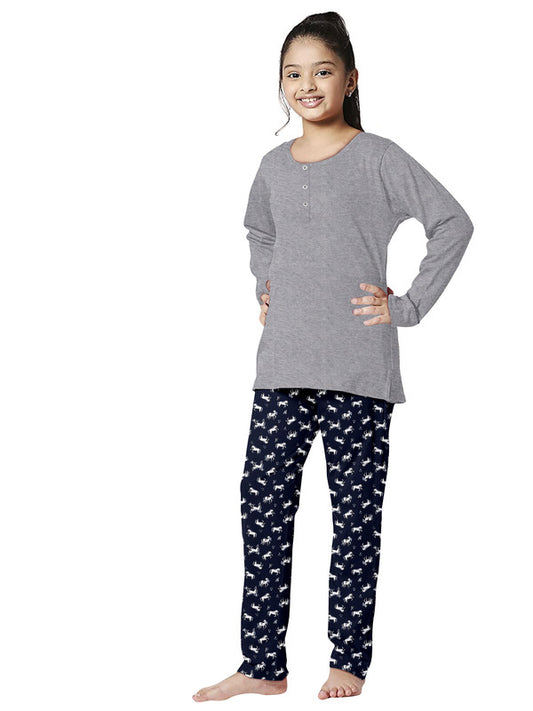 Girls Henley Full Sleeves 100% Cotton T-shirt and Bottom Comfort wear  -  Navy Blue & Grey!!