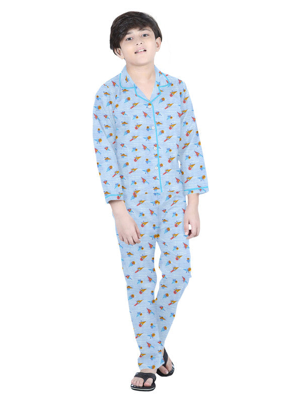 Boys Full Sleeves 100% Cotton Printed Comfort wear set -  Blue!!