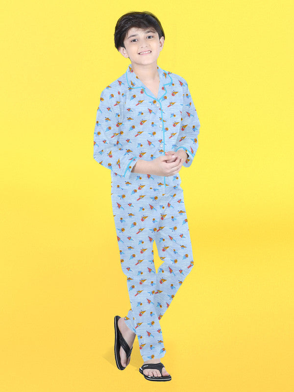 Boys Full Sleeves 100% Cotton Printed Comfort wear set -  Blue!!