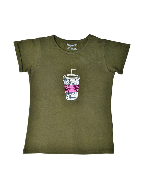 Girls Half Sleeves Sequence 100% Cotton T-Shirt - Olive Green!!