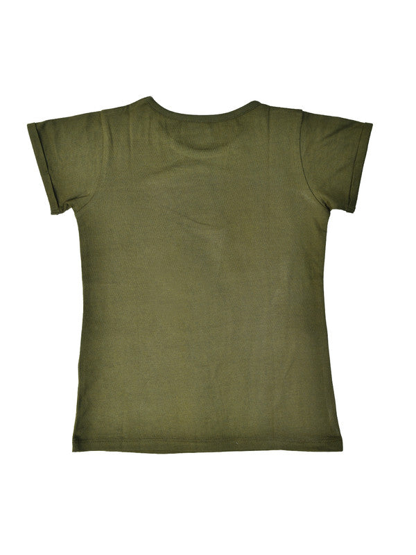 Girls Half Sleeves Sequence 100% Cotton T-Shirt - Olive Green!!