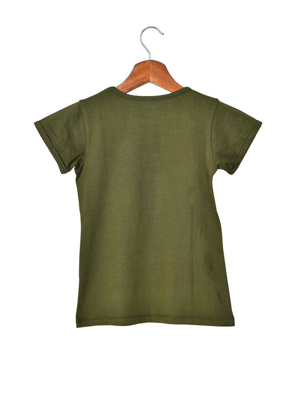 Girls Half Sleeves Sequence 100% Cotton T-Shirt - Olive Green!!