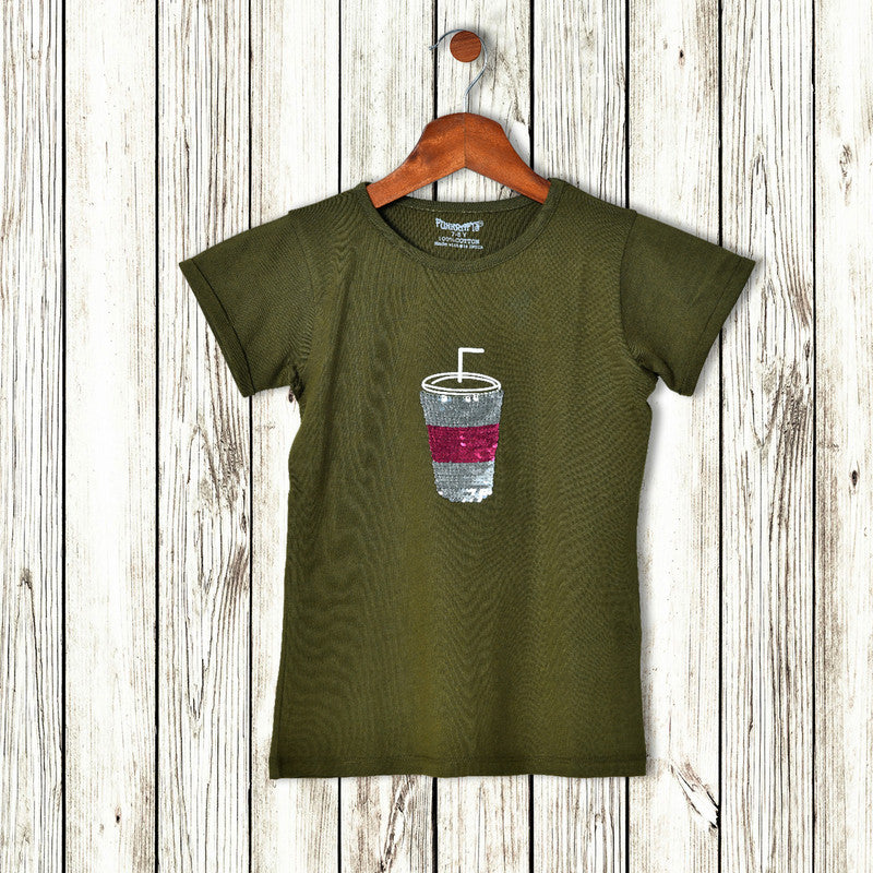 Girls Half Sleeves Sequence 100% Cotton T-Shirt - Olive Green!!