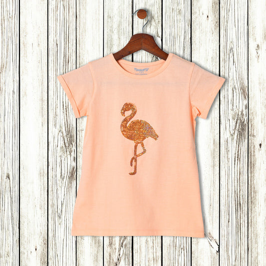 Girls Half Sleeves Sequence 100% Cotton T-Shirt - Peach!!