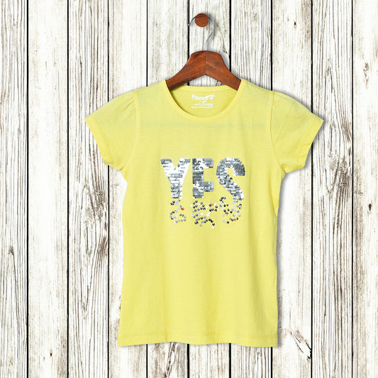 Girls Half Sleeves Sequence 100% Cotton T-Shirt - Yellow!!