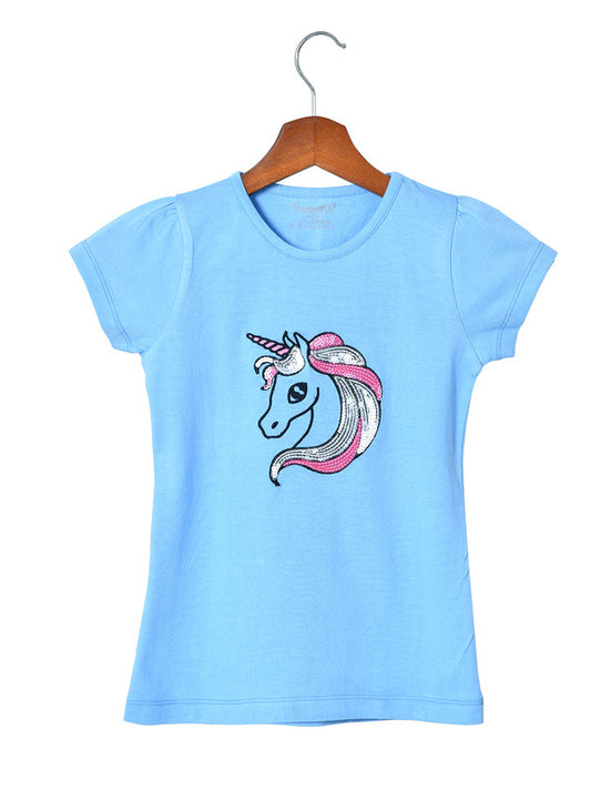 Girls Half Sleeves Sequence 100% Cotton T-Shirt - Blue!!