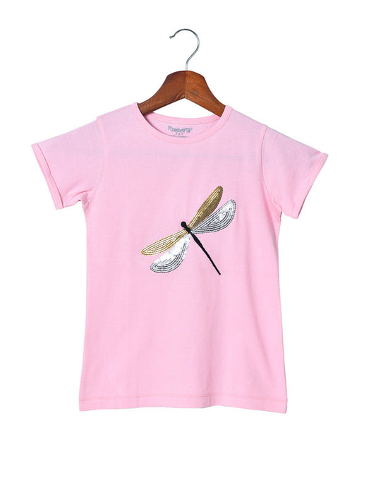 Girls Half Sleeves Sequence 100% Cotton T-Shirt - Pink!!