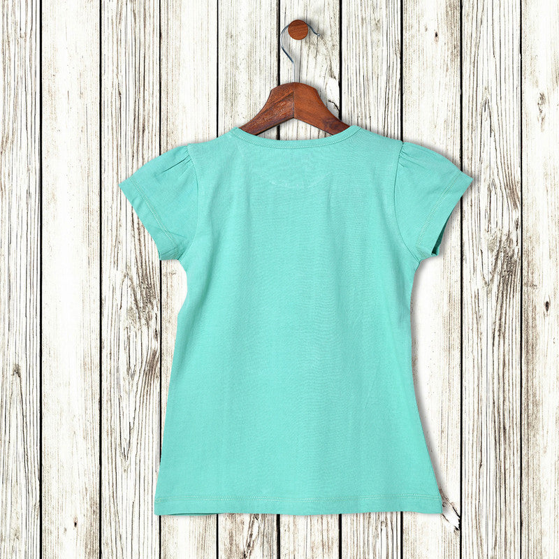 Girls Half Sleeves Sequence 100% Cotton T-Shirt - Mint Green!!