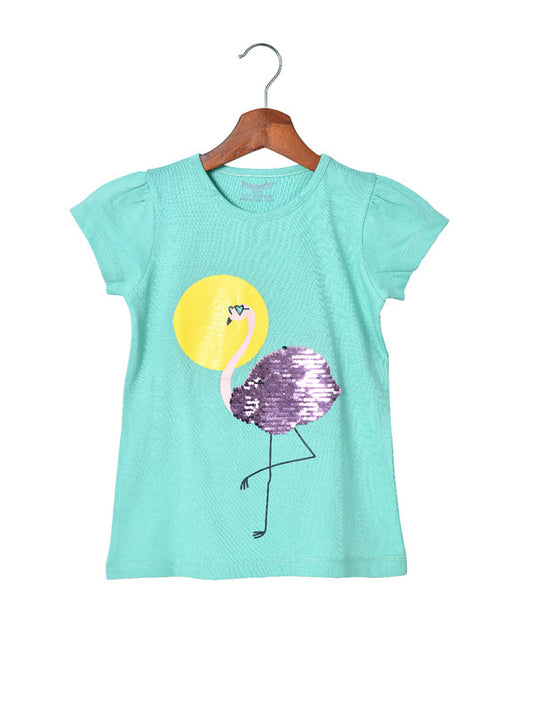 Girls Half Sleeves Sequence 100% Cotton T-Shirt - Mint Green!!