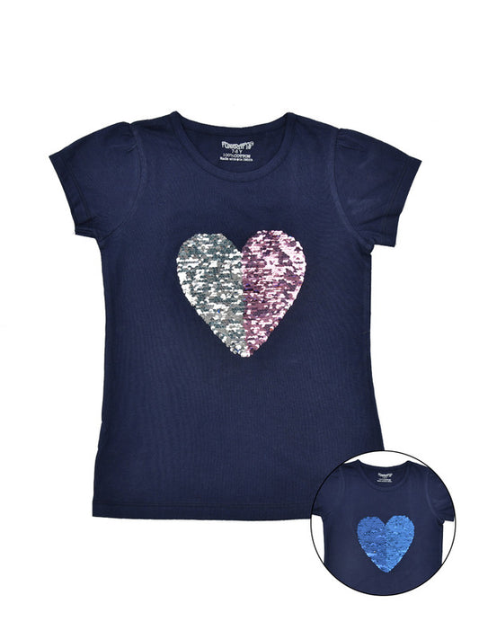 Girls Half Sleeves Sequence 100% Cotton T-Shirt - Navy Blue!!