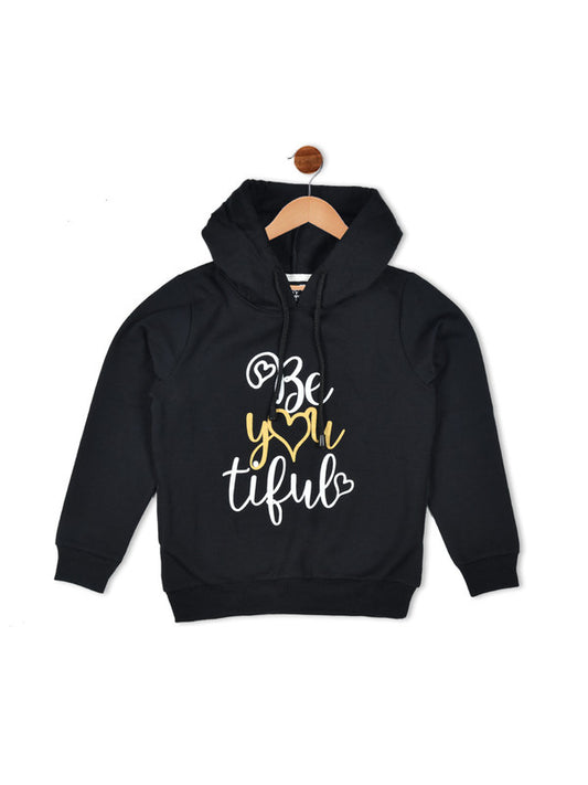 Girls Black Printed Hooded Sweatshirt!!