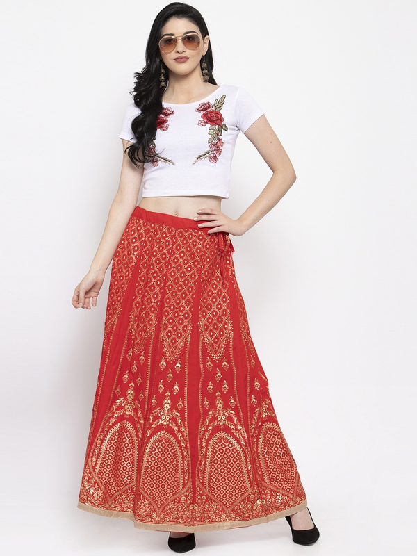 Gold Print Red coloured Rayon Skirt Free Size( 28 to 40 Inch)!!