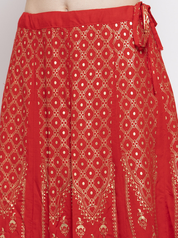 Gold Print Red coloured Rayon Skirt Free Size( 28 to 40 Inch)!!