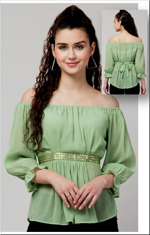 Green Color Embroidered Georgette Top Free Size Up to 38inch