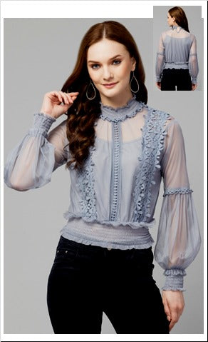 Puff Sleeve Grey Embellished Net Fabric Womens Top Free Size Up to 38inch