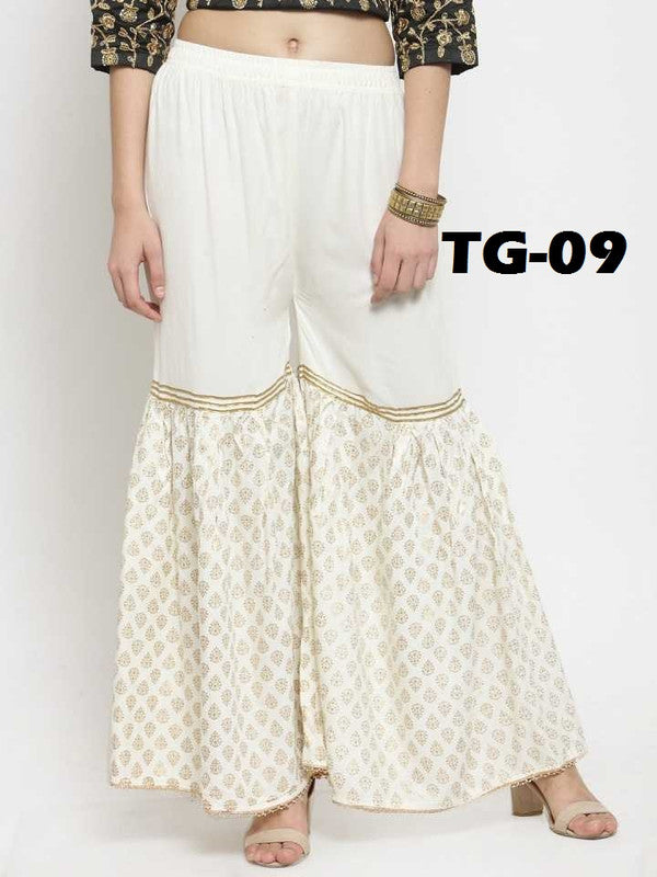 Off White Rayon Wide Leg Printed Palazzo Free Size( 28 to 40 Inch)!!