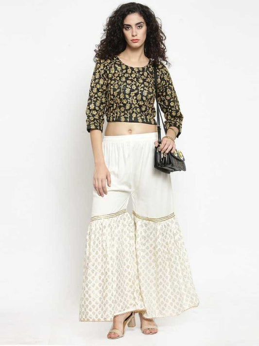 Off White Rayon Wide Leg Printed Palazzo Free Size( 28 to 40 Inch)!!