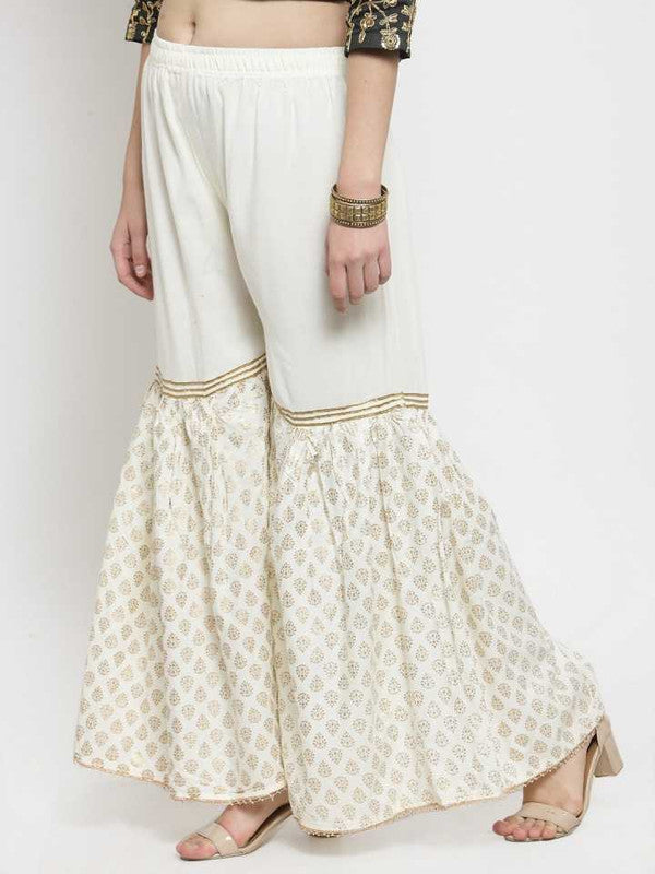 Off White Rayon Wide Leg Printed Palazzo Free Size( 28 to 40 Inch)!!