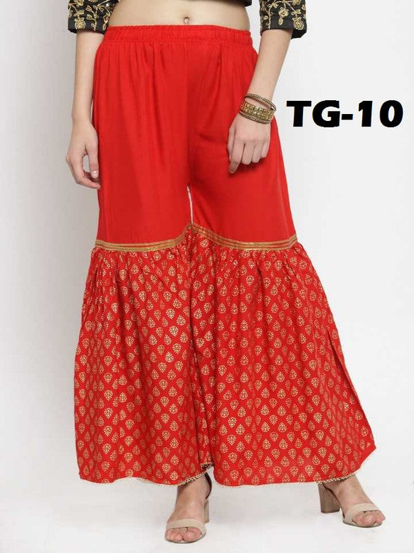 Red Rayon Wide Leg Printed Palazzo Free Size( 28 to 40 Inch)!!