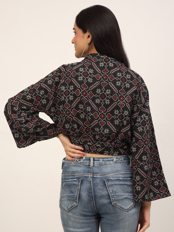 Black & Red Coloured Crepe Printed V-Neck Relaxed Regular Sleeves Casual wear Western Cinched Waist Top!!