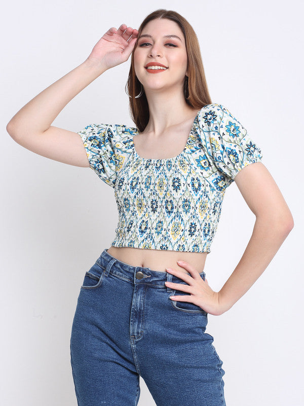 Blue & White Coloured Crepe Ikat Printed Square Neck Short Sleeve Women Party wear Western Crop Top!!