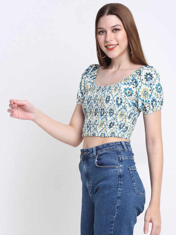 Blue & White Coloured Crepe Ikat Printed Square Neck Short Sleeve Women Party wear Western Crop Top!!