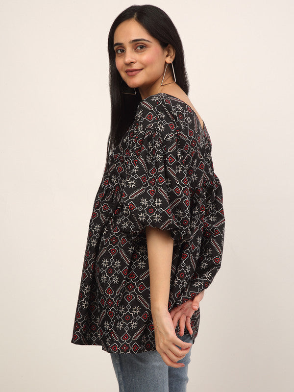 Black & Red Coloured Crepe Ethnic Motifs V-Neck Oversized Bishop Sleeve Maternity Wear Western Kaftan Top!!