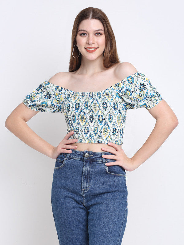 Blue & White Coloured Crepe Ikat Printed Square Neck Short Sleeve Women Party wear Western Crop Top!!