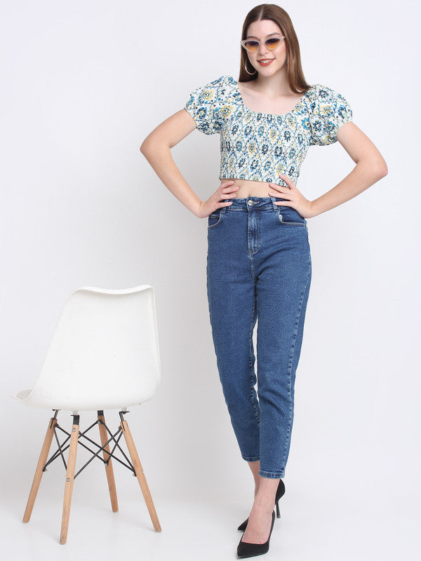 Blue & White Coloured Crepe Ikat Printed Square Neck Short Sleeve Women Party wear Western Crop Top!!