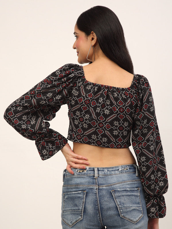 Black & Red Coloured Crepe Printed Sweetheart Neck Relaxed Balloon Sleeve Party wear Western Top!!