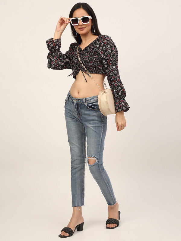 Black & Red Coloured Crepe Printed Sweetheart Neck Relaxed Balloon Sleeve Party wear Western Top!!